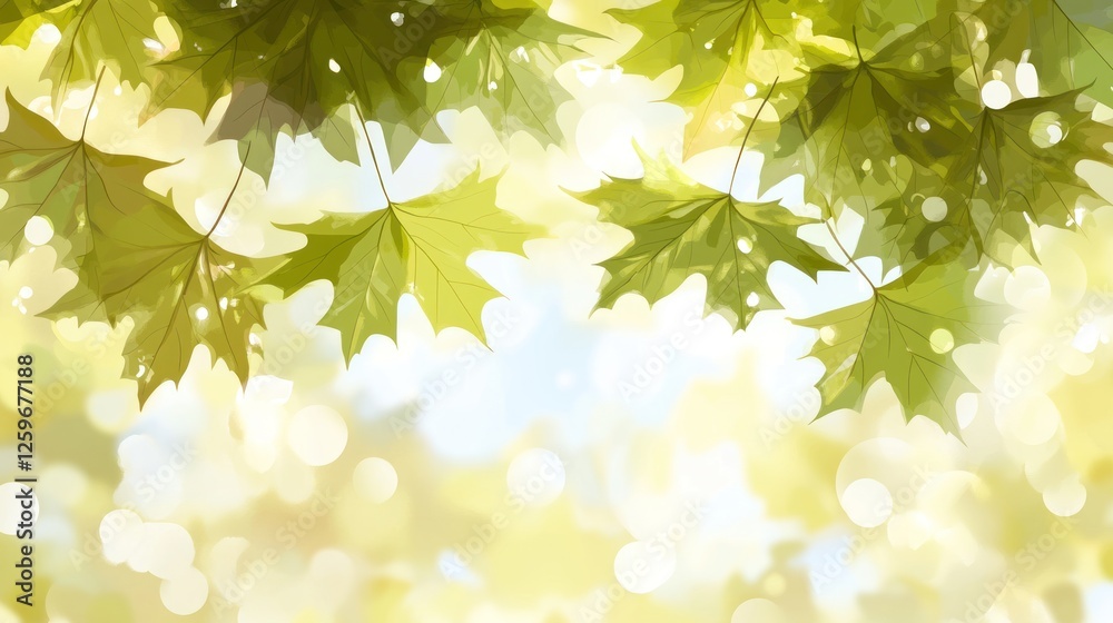 Fototapeta premium Spring maple leaves backlit, bokeh background, nature banner