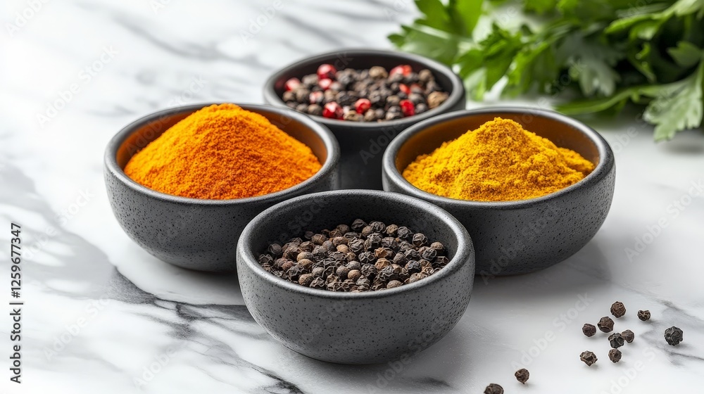 A collection of colorful spices in bowls, showcasing culinary ingredients for cooking. A collection of colorful spices in bowls, showcasing culinary ingredients for cooking.