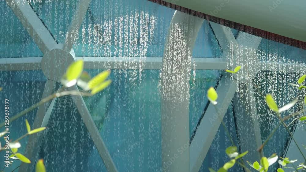 Waterfall feature at modern architectural building with greenery