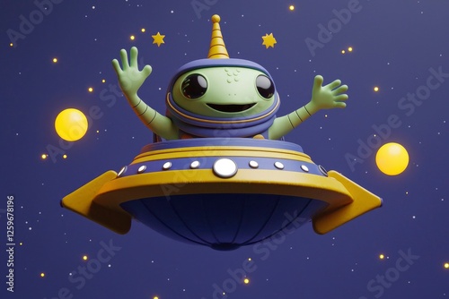 Happy Alien in Flying Saucer Exploring Space photo