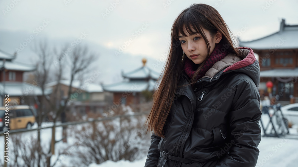 Woman Outdoors in Scenic Mountain Village During Winter Season Woman Outdoors in Scenic Mountain Village During Winter Season
