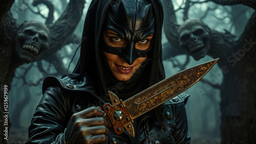 Mysterious Warrior in Dark Forest With Mask and Sword