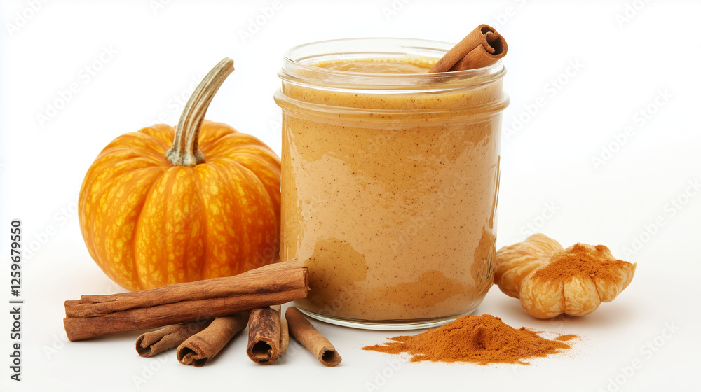 Pumpkin spice smoothie with cinnamon sticks and fresh pumpkin