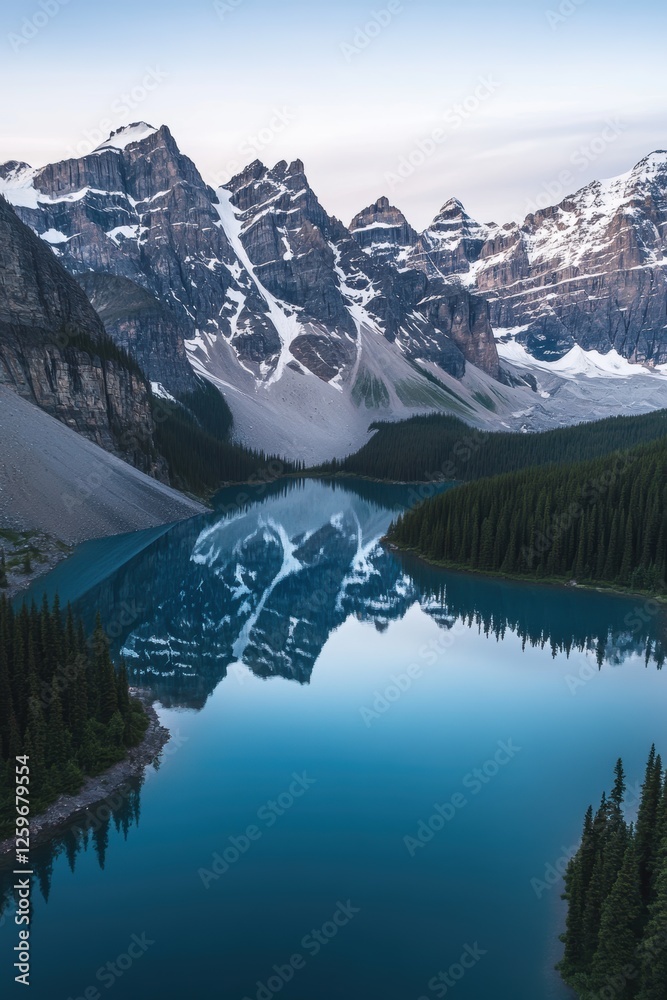 Moraine Lake Reflection in Canadian Rockies with Snow-Capped Mountains Surrounded by Pine Trees at Dawn in Alberta, Canada Moraine Lake Reflection in Canadian Rockies with Snow-Capped Mountains Surrounded by Pine Trees at Dawn in Alberta, Canada
