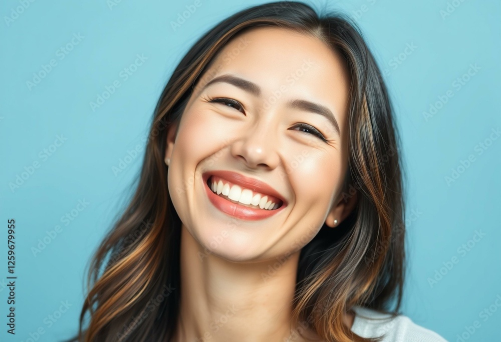 Photorealistic portrait of a smiling female laughing