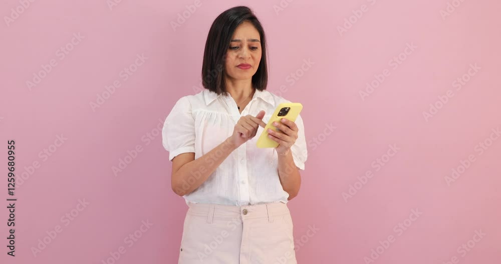 Angry young woman hold use tapping smartphone screen, frustrating by slow mobile apps not working properly, no Internet, device need repair, feel stressed suffering frustration, over pink background. Angry young woman hold use tapping smartphone screen, frustrating by slow mobile apps not working properly, no Internet, device need repair, feel stressed suffering frustration, over pink background.