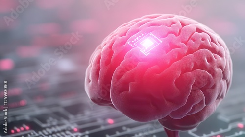 3D Rendered Human Brain with Glowing Chip on Circuit Board photo