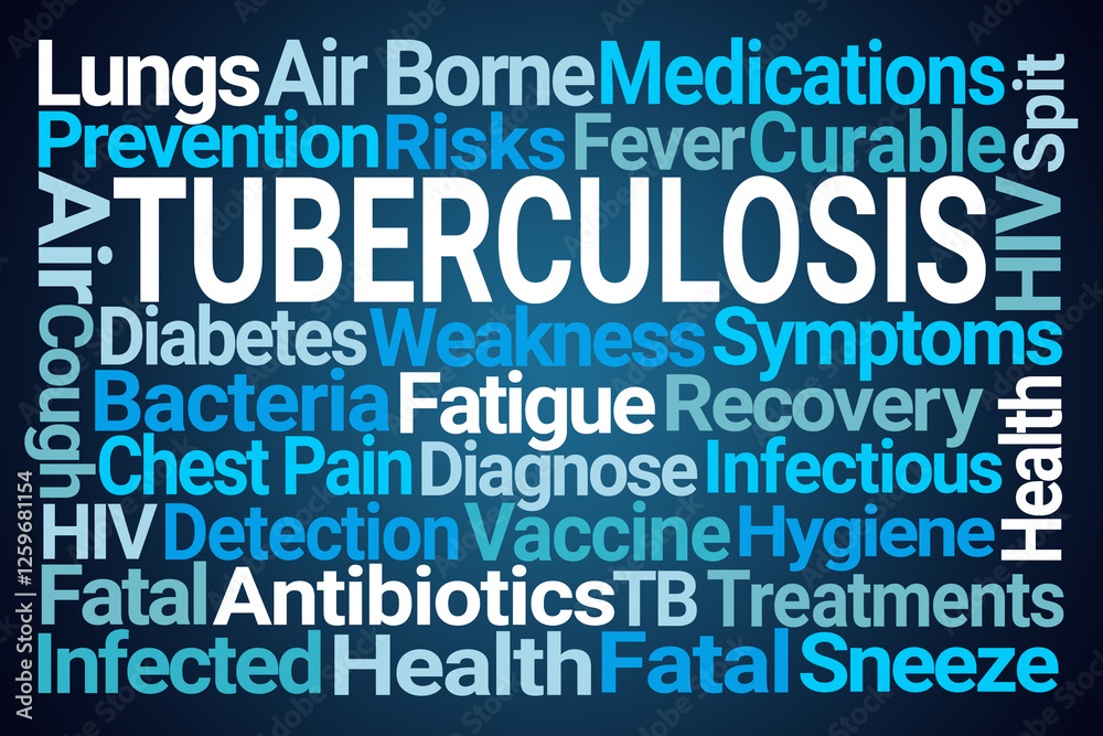 Tuberculosis Word Cloud on Blue Background Tuberculosis Word Cloud on Blue Background