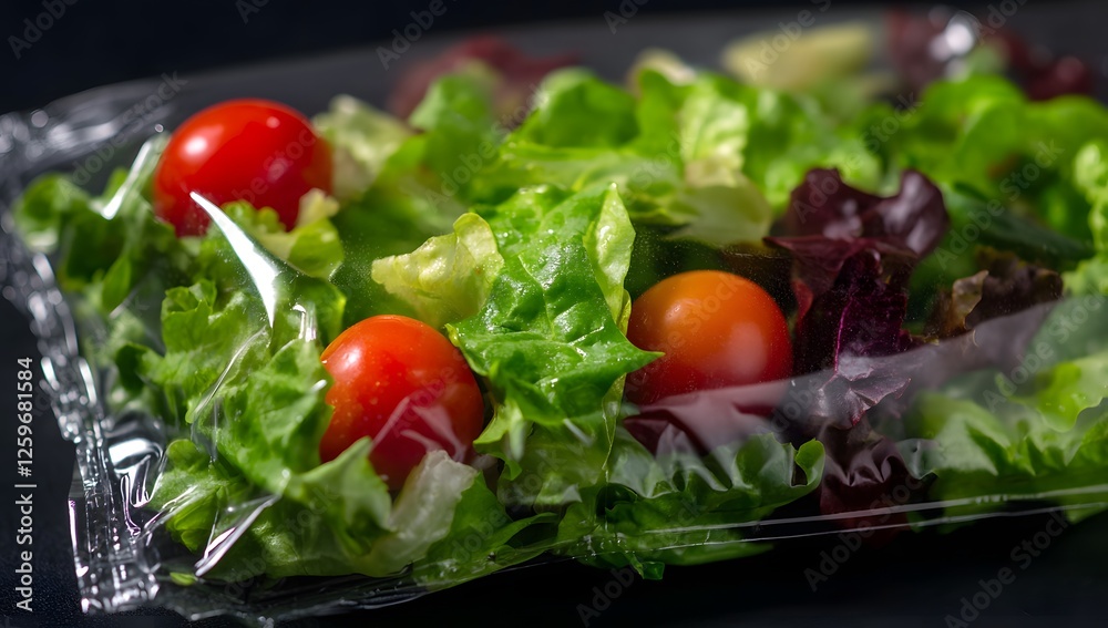 Fresh salad in plastic wrap, dark background Fresh salad in plastic wrap, dark background