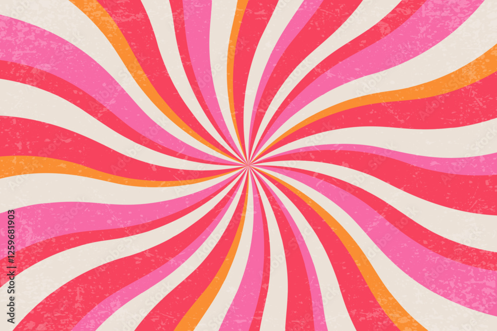 Retro swirl pattern. Vector groovy textured background. Spiral sunburst radial backdrop. Vintage psychedelic wavy pink and orange vortex. 70s funky striped summer poster