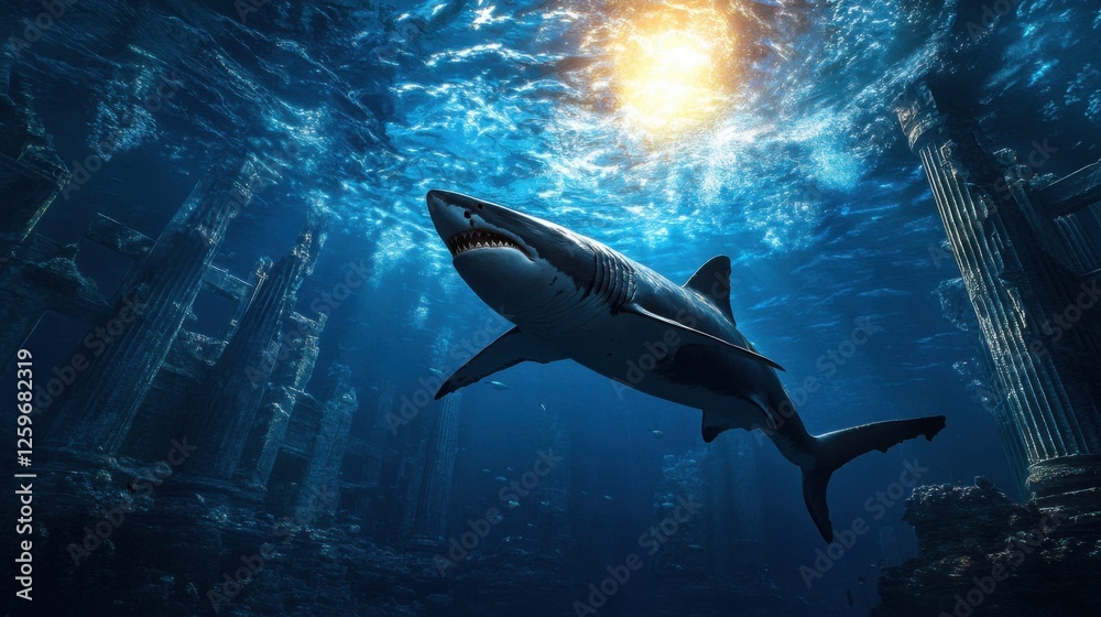 Fototapeta premium A shark is swimming in the ocean near some ruins