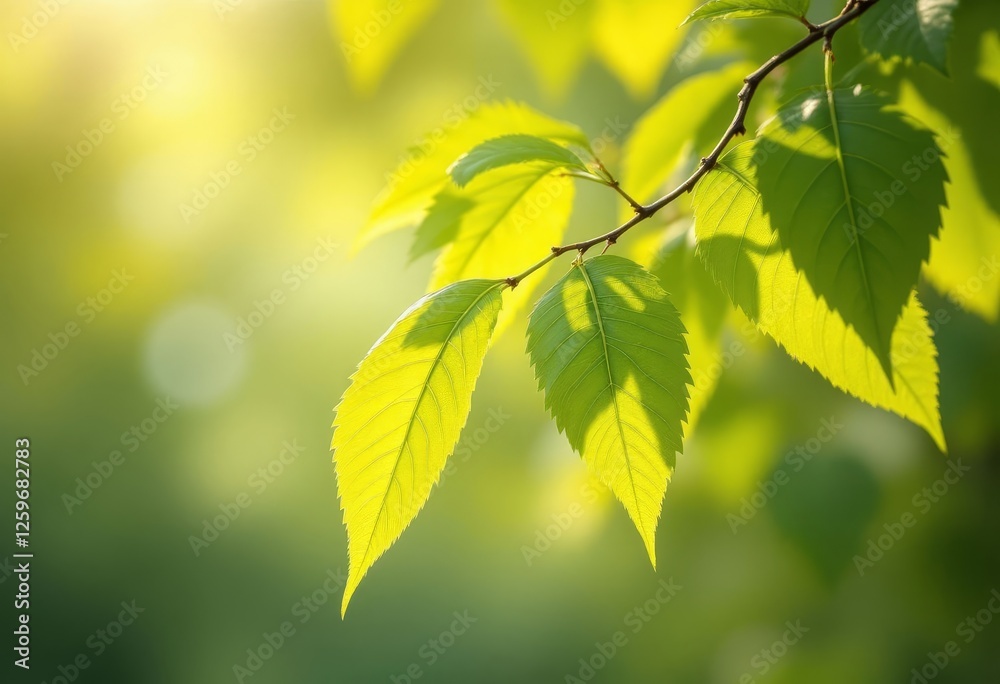 Sunlit green leaves on branch, vibrant spring foliage Sunlit green leaves on branch, vibrant spring foliage