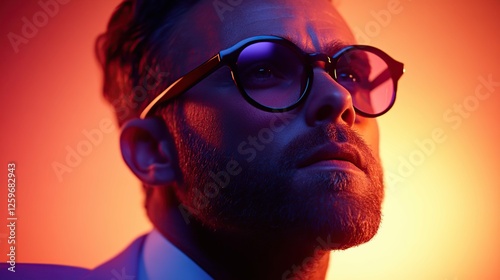 Close Up Portrait of a Man with Beard Wearing Glasses Under Red and Orange Studio Lighting photo