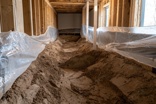Damp crawl space before encapsulation, exposed dirt floor with moisture issues, plastic sheeting partially installed, renovation in progress, photorealistic