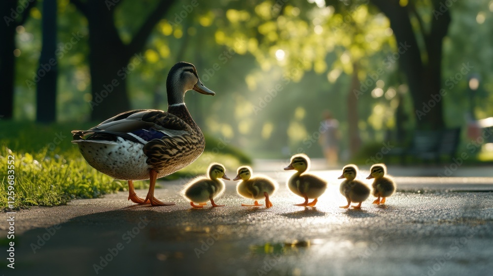 Fototapeta premium A mother duck and her ducklings are walking on a sidewalk