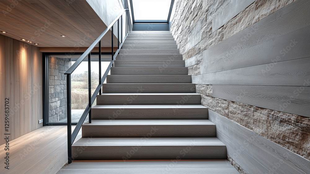 open-riser staircase made of ash-gray wood, featuring a linear black metal railing. The staircase ascends along a stone accent wall. open-riser staircase made of ash-gray wood, featuring a linear black metal railing. The staircase ascends along a stone accent wall.