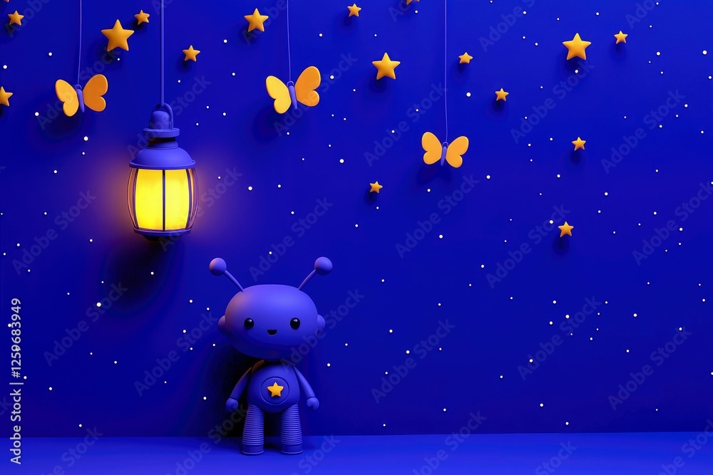 Naklejka premium Adorable 3D Render of a Blue Alien with Stars, Butterflies, and a Lantern at Night