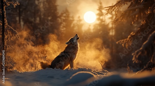 A wolf is howling at the moon in a snowy forest