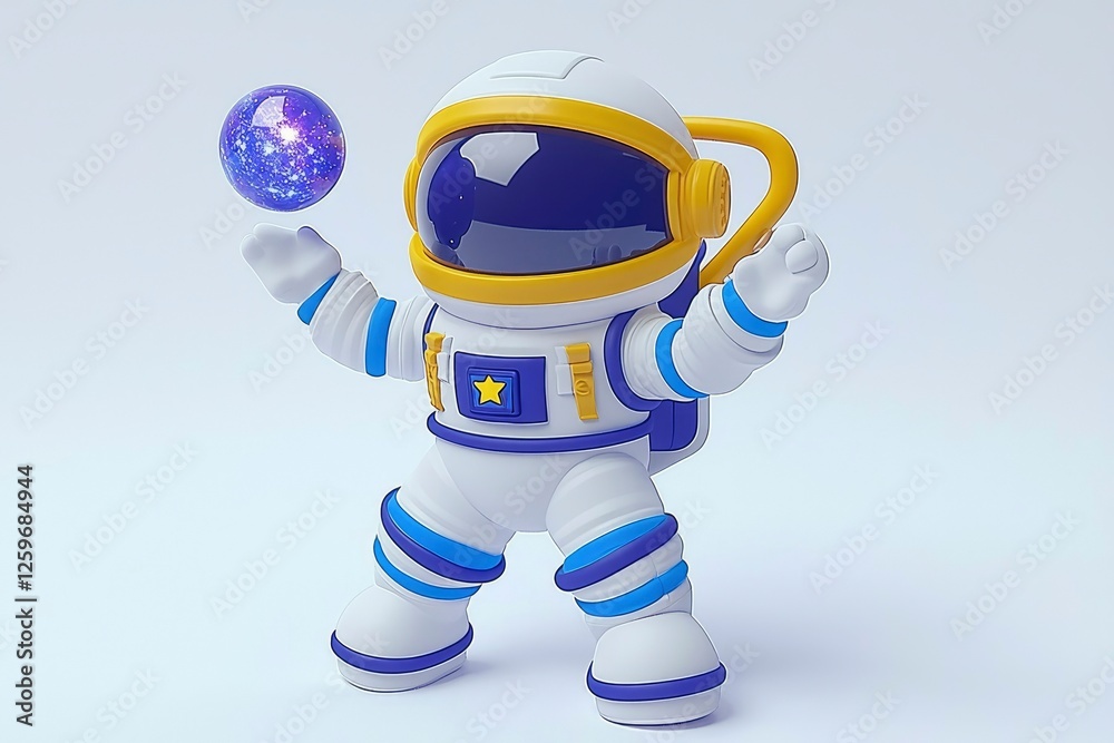 Naklejka premium Playful Astronaut Juggling a Galaxy 3D Render of a Cute Spaceman