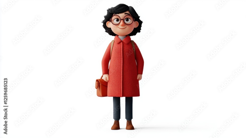 Playful Female Character Figurine in Red Coat with Glasses and Brown Bag Against White Background Playful Female Character Figurine in Red Coat with Glasses and Brown Bag Against White Background