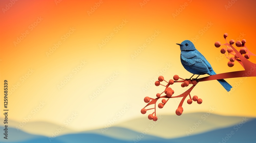 Fototapeta premium paper cut art of a bird perched on a branch soft light ,generative ai illustration