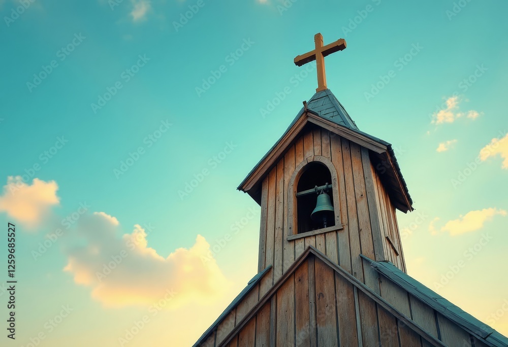 Wooden Church Steeple With Cross Against Cloudy Sky Wooden Church Steeple With Cross Against Cloudy Sky