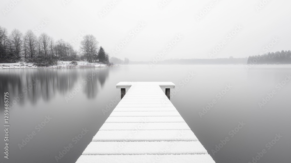 Snow-covered dock on calm winter lake; peaceful scene Snow-covered dock on calm winter lake; peaceful scene