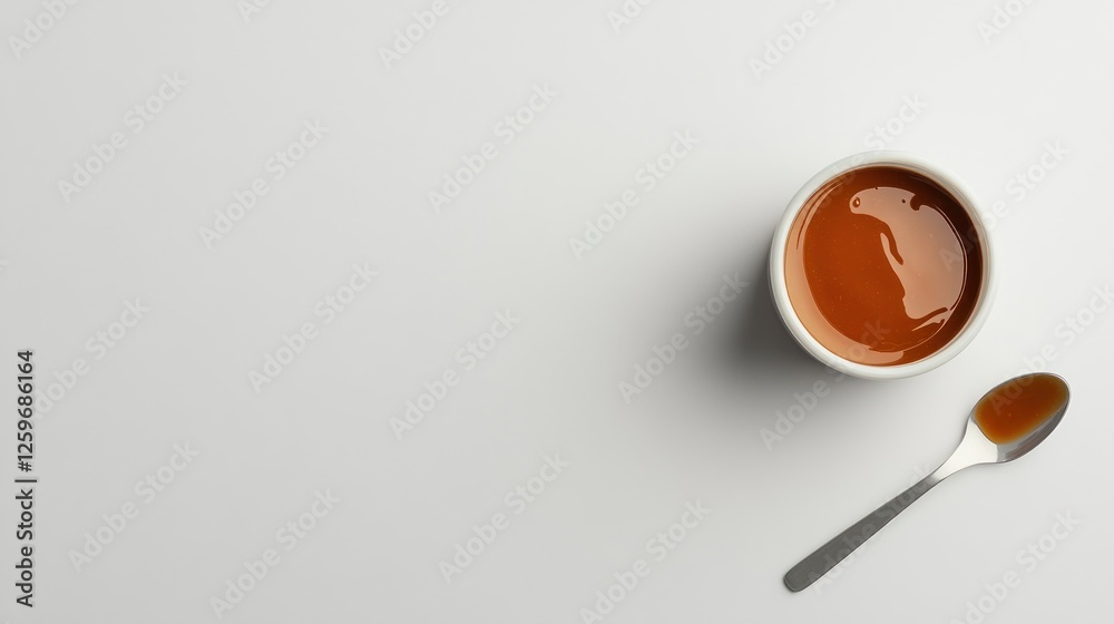 Caramel sauce in bowl and spoon on white. Food blog, recipe website Caramel sauce in bowl and spoon on white. Food blog, recipe website