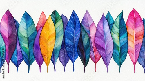 Vibrant watercolor illustration of colorful leaves arranged in a decorative pattern