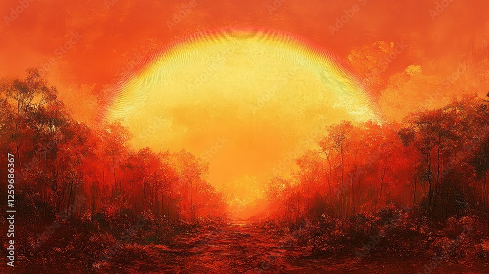 Fiery sunset over outback forest path Fiery sunset over outback forest path