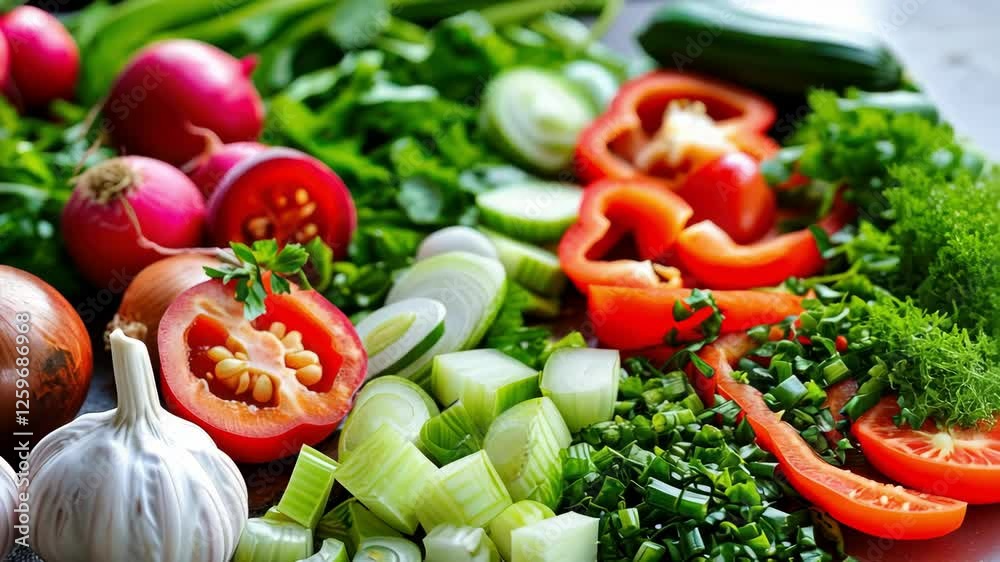 Colorful display of fresh vegetables and herbs on a kitchen table Colorful display of fresh vegetables and herbs on a kitchen table