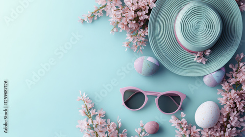 Stylish sunglasses and wide brimmed hat surrounded by pastel Easter eggs and pink flowers create cheerful spring vibe. Perfect for seasonal celebrations photo