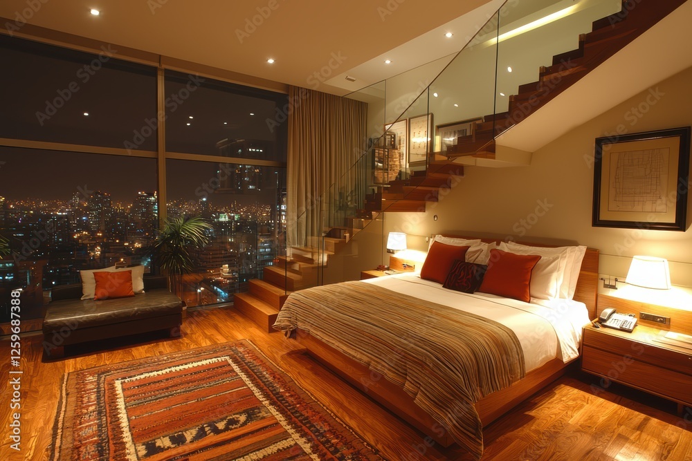 Fototapeta premium Modern loft bedroom design with glass partitions in a city skyline environment