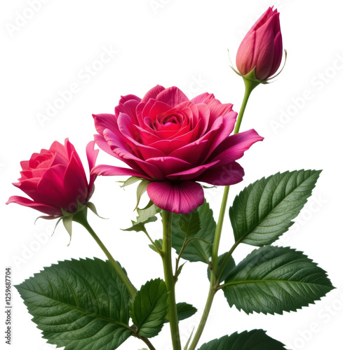 Pink roses and green leaves on stem, transparent background png