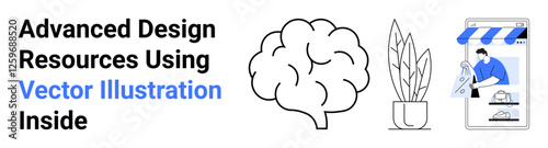 Brain sketch, potted plant, and online store interface with user interaction. Ideal for creativity, innovation, e-commerce, business ideas, marketing education and technology. Perfect flat landing