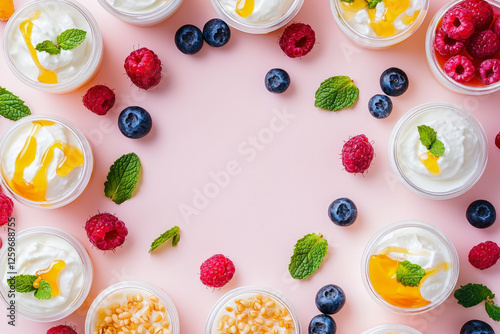 Kefir yogurt with honey, berries, and mint on pink background
