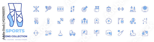 Sports icons collection. Line Duotone style, editable stroke. american football, archery, football, kitesurfing, roller skate, ballerina, canoe, bullseye, gym, snowboard