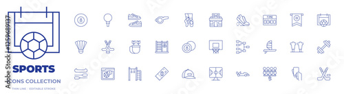 Sports icons collection. Thin Line icons, editable stroke. badminton, billiard ball, golf, hockey, quiver, shoes, sports, whistle, ballerina, billiard, gym, hoop, playoff