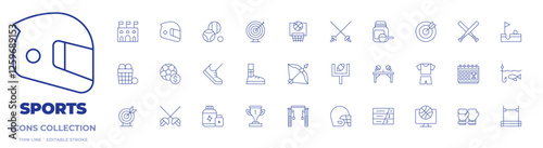 Sports icons collection. Thin Line icons, editable stroke. arrow, basketball, fencing, goal post, arena, basket, gambling, helmet, petanque, running shoes, sport shoes, target