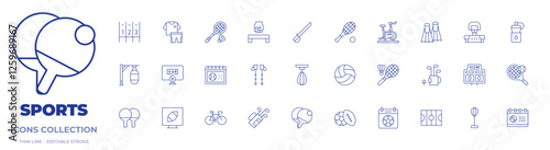 Sports icons collection. Thin Line icons, editable stroke. badminton, calendar, fist, hiking, punching ball, saber, punching bag, running track, sport wear, var replay