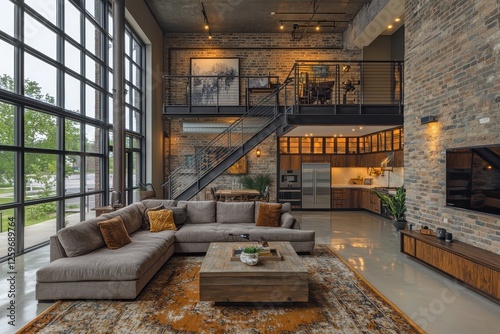 Modern industrial loft with steel-framed windows urban setting interior design chic environment wide-angle view contemporary living