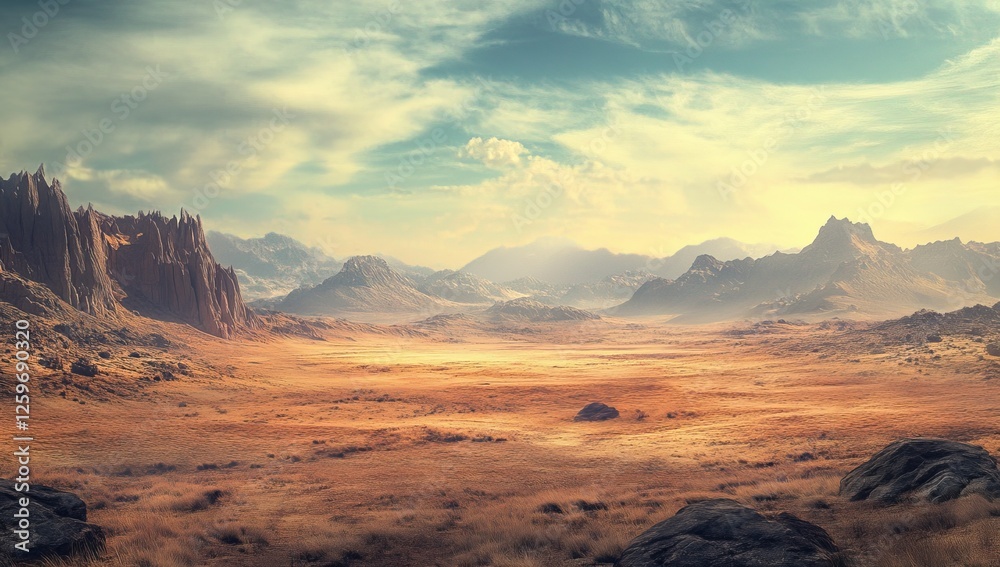 Naklejka premium Desolate desert landscape panorama under a golden sky