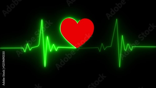  Heart and heartbeat symbol Red  green colors on black background , Red cardiogram pulse line stylized within a human heart shape against a pastel background, conveying the concept of health