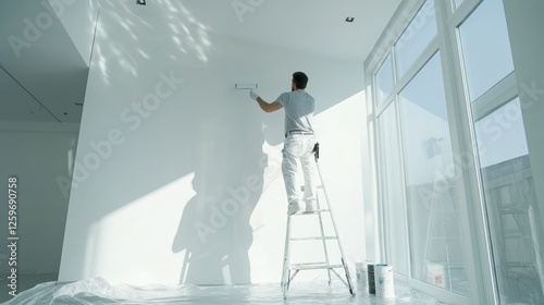 Home renovation project: man painting wall with roller on ladder in bright interior space, DIY home improvement, fresh paint ideas, modern design inspiration