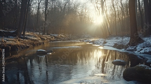 Winter sunset over calm forest stream photo