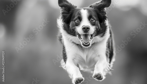 black and white border collie is joyfully running with big smile, showcasing its playful spirit and energy. This happy dog captures essence of fun and freedom