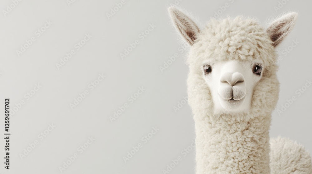 Obraz premium Close-Up Portrait of a Fluffy White Alpaca with a Soft Expression in a Minimalist Studio Setting