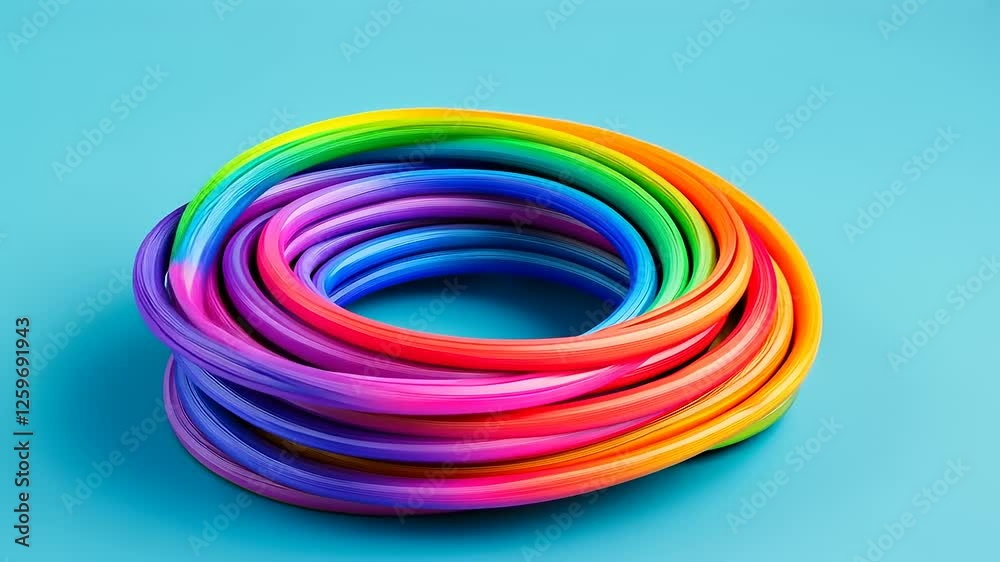 Vibrant Coiled Rainbow Cables on Blue Surface Capturing Colorful Artistic Design Vibrant Coiled Rainbow Cables on Blue Surface Capturing Colorful Artistic Design