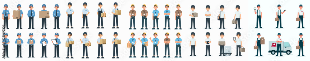 Vector set of a person delivery person standing full body with a simple and minimalist flat design style Vector set of a person delivery person standing full body with a simple and minimalist flat design style