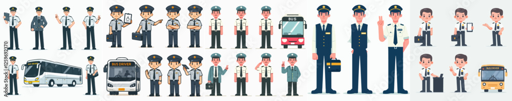 Vector set of a person bus driver standing full body with a simple and minimalist flat design style Vector set of a person bus driver standing full body with a simple and minimalist flat design style